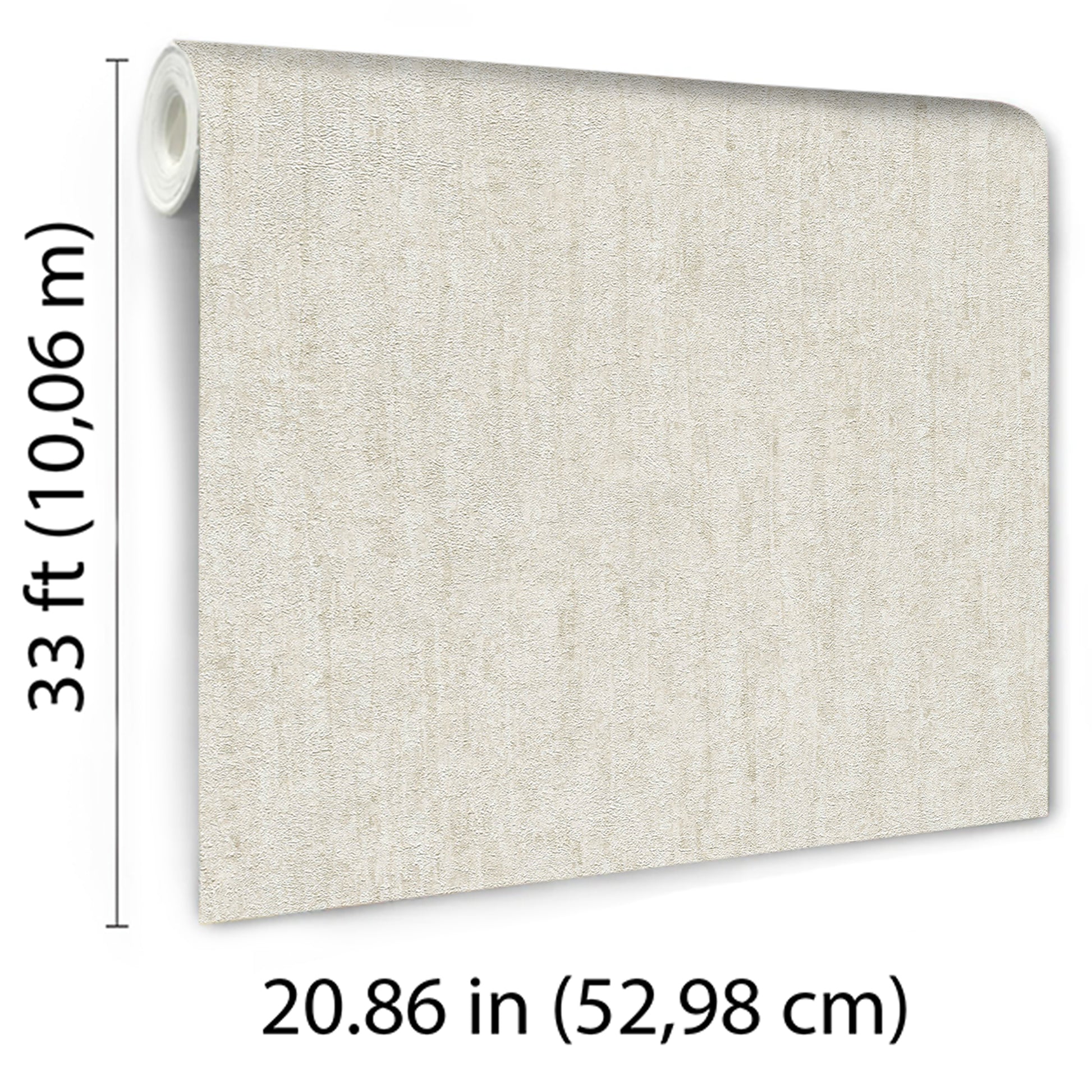 Beige linen-textured wallpaper panel with rolled top edge; neutral wallcovering, 33 ft tall by 20.86 in wide.