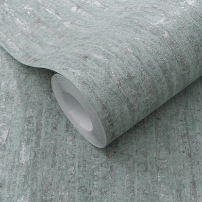 Sage green distressed wallpaper roll with subtle white marbling and fabric-like texture; core visible.