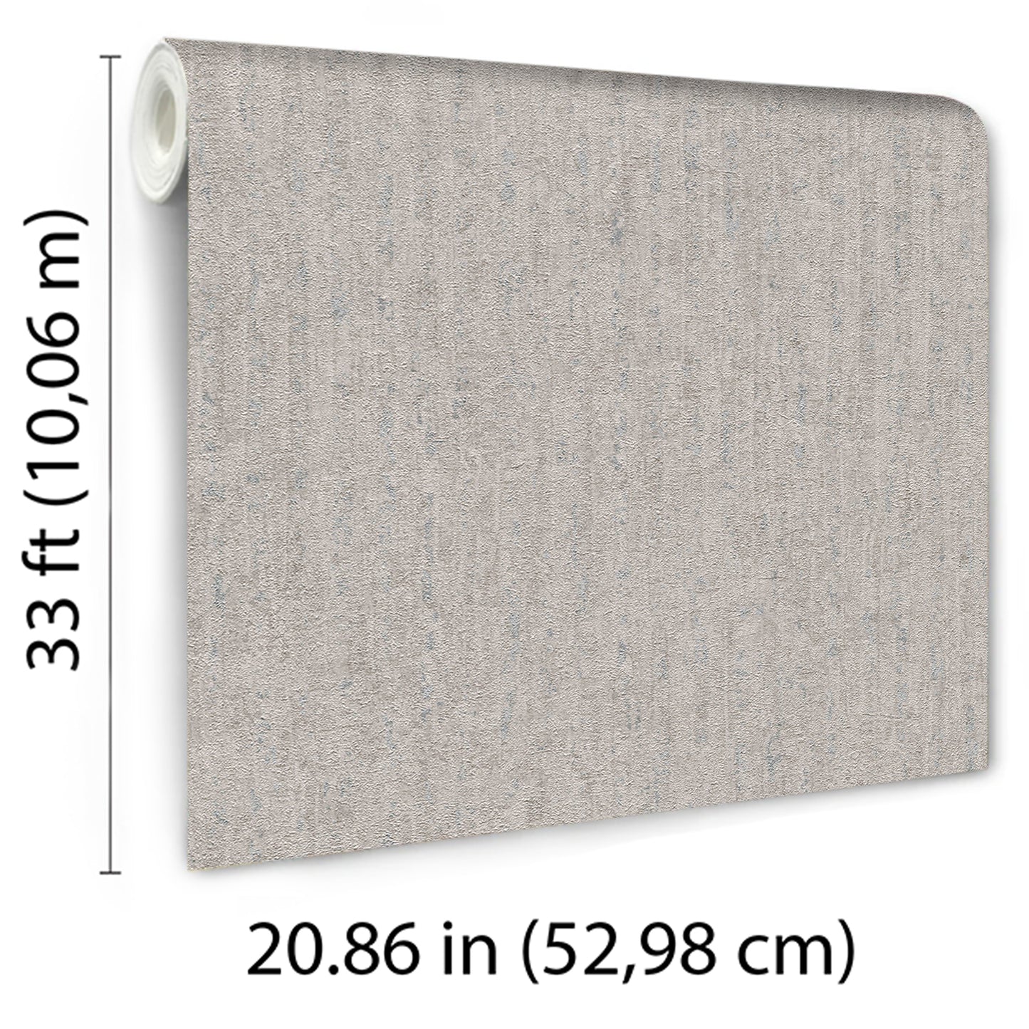 Rolled taupe textured wallpaper, 33 ft long by 20.86 in wide, hanging display.