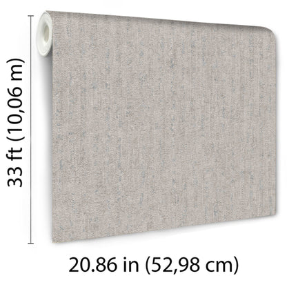Rolled taupe textured wallpaper, 33 ft long by 20.86 in wide, hanging display.
