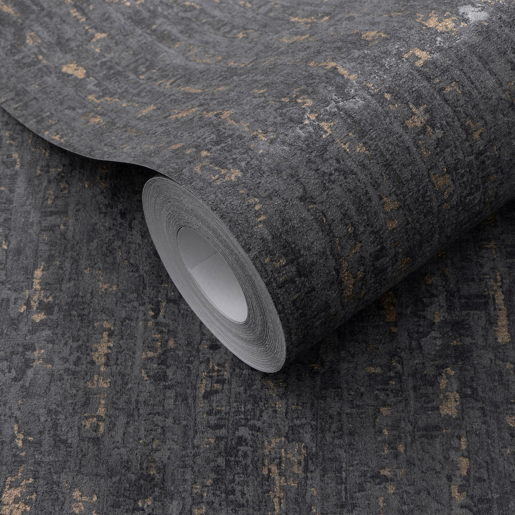 Rolled black wallpaper with artisan texture and traditional pattern; wall decor.