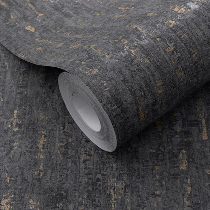 Rolled black wallpaper with artisan texture and traditional pattern; wall decor.