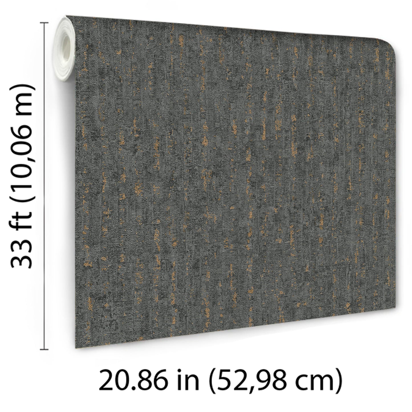 Black wallpaper roll with artisan texture and copper flecks, laid flat; 33 ft long by 20.86 in wide.