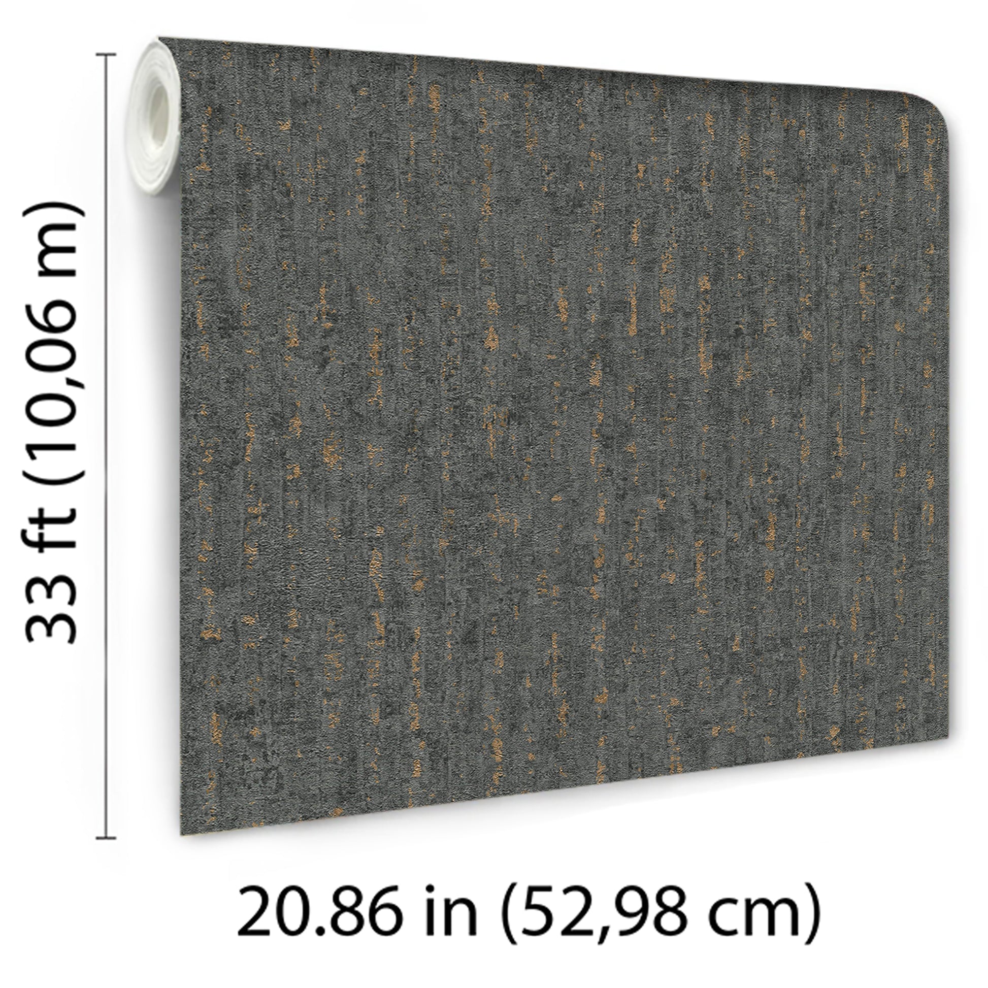 Black wallpaper roll with artisan texture and copper flecks, laid flat; 33 ft long by 20.86 in wide.