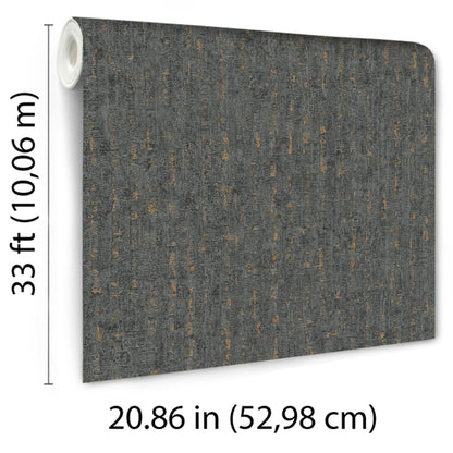 Black wallpaper roll with artisan texture and copper flecks, laid flat; 33 ft long by 20.86 in wide.