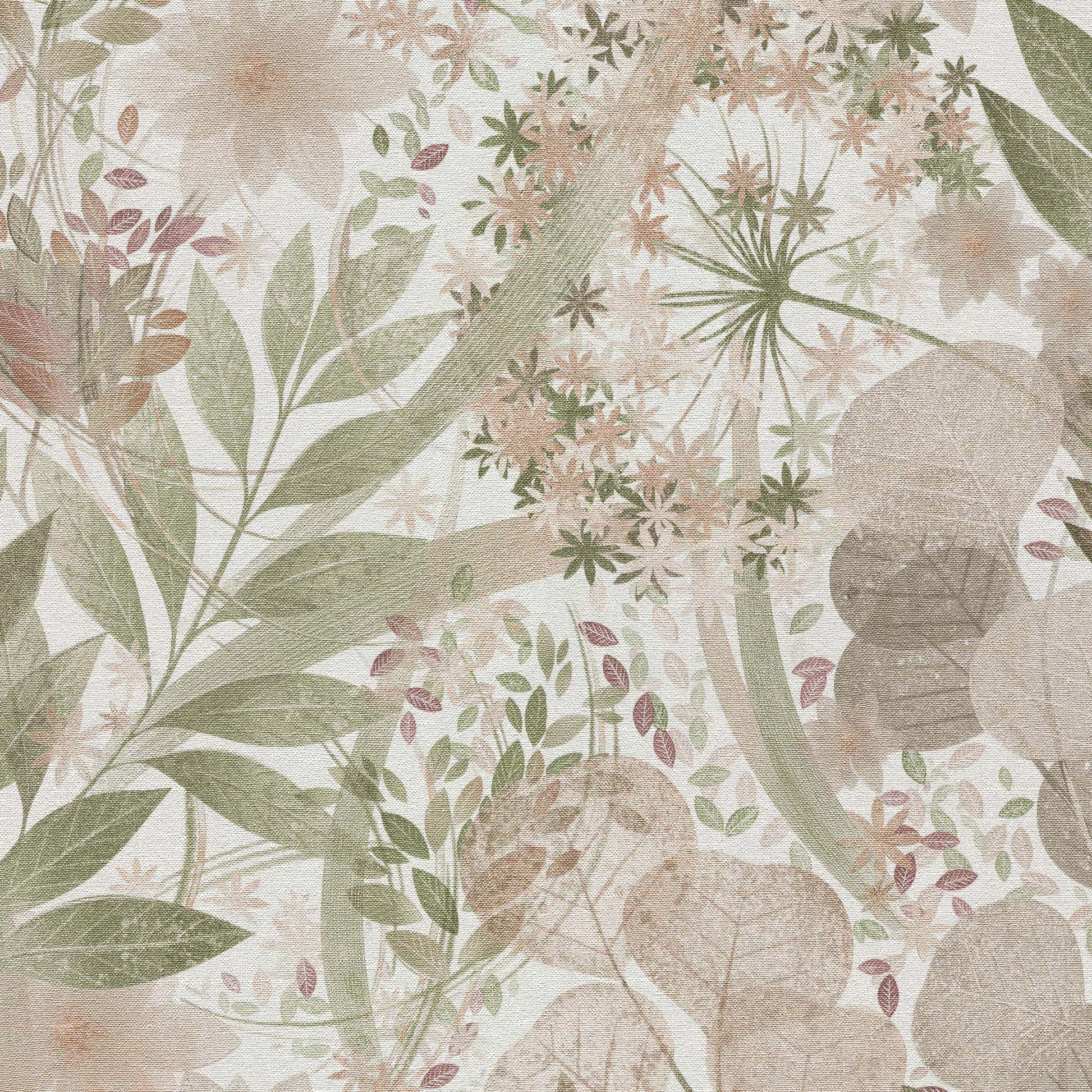 Pastel botanical print wallpaper with green leaves and pink flowers in a soft vintage texture.