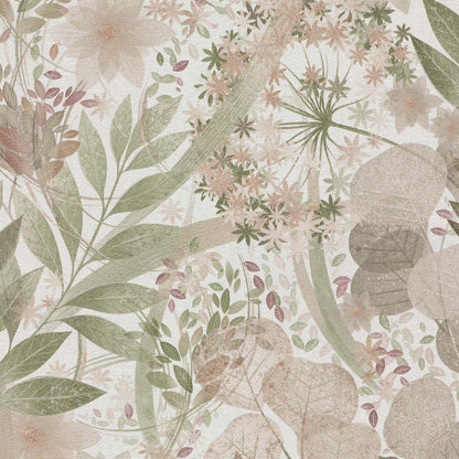 Pastel botanical print wallpaper with green leaves and pink flowers in a soft vintage texture.