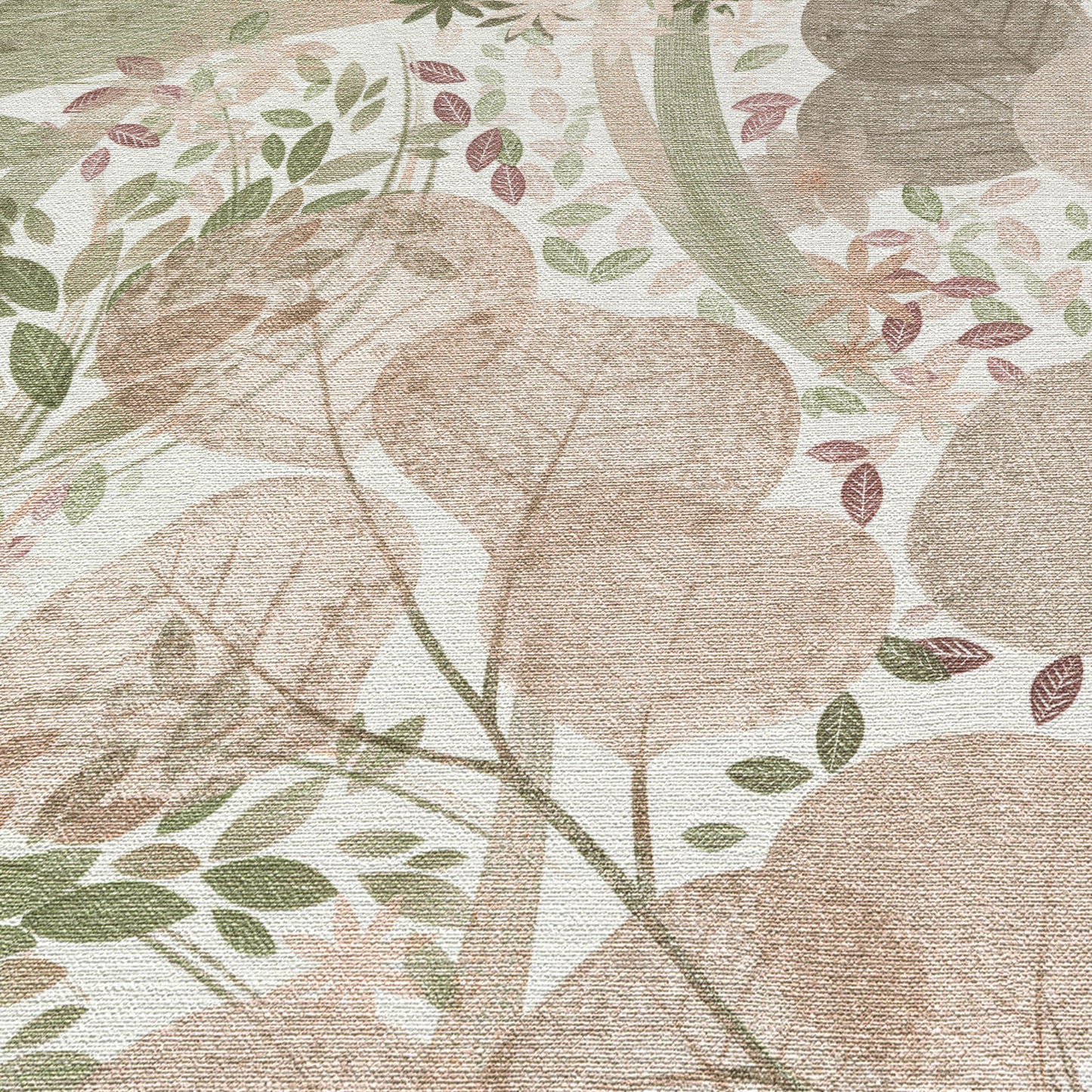 Beige linen-textured botanical print with large blush pink flowers and green leaves; vintage cottage wallpaper.
