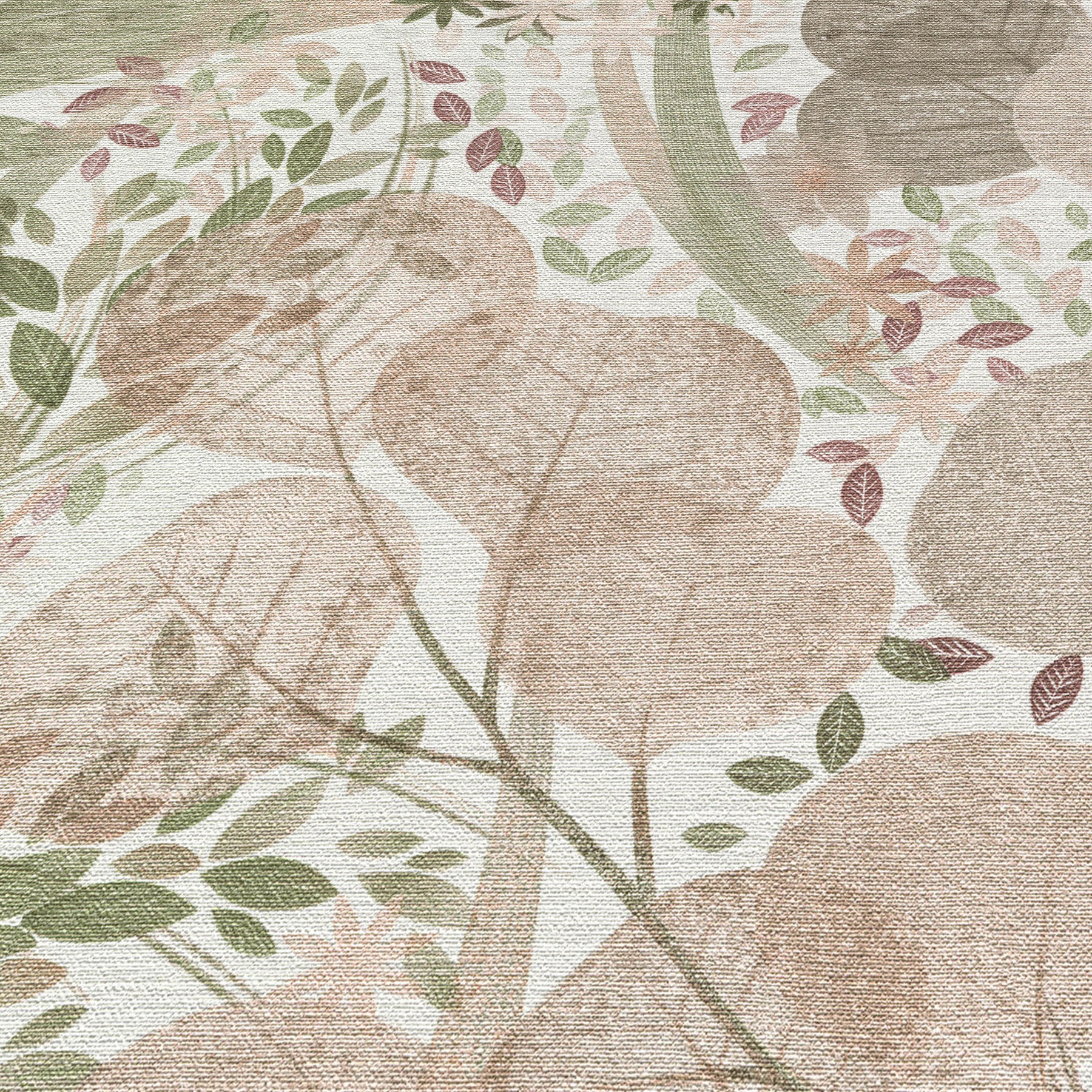 Beige linen-textured botanical print with large blush pink flowers and green leaves; vintage cottage wallpaper.