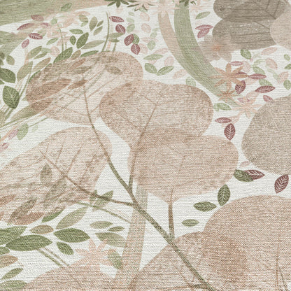 Beige linen-textured botanical print with large blush pink flowers and green leaves; vintage cottage wallpaper.