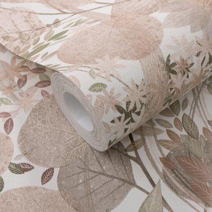 Rolled wallpaper with botanical leaf pattern in blush pink, taupe and sage on light background.