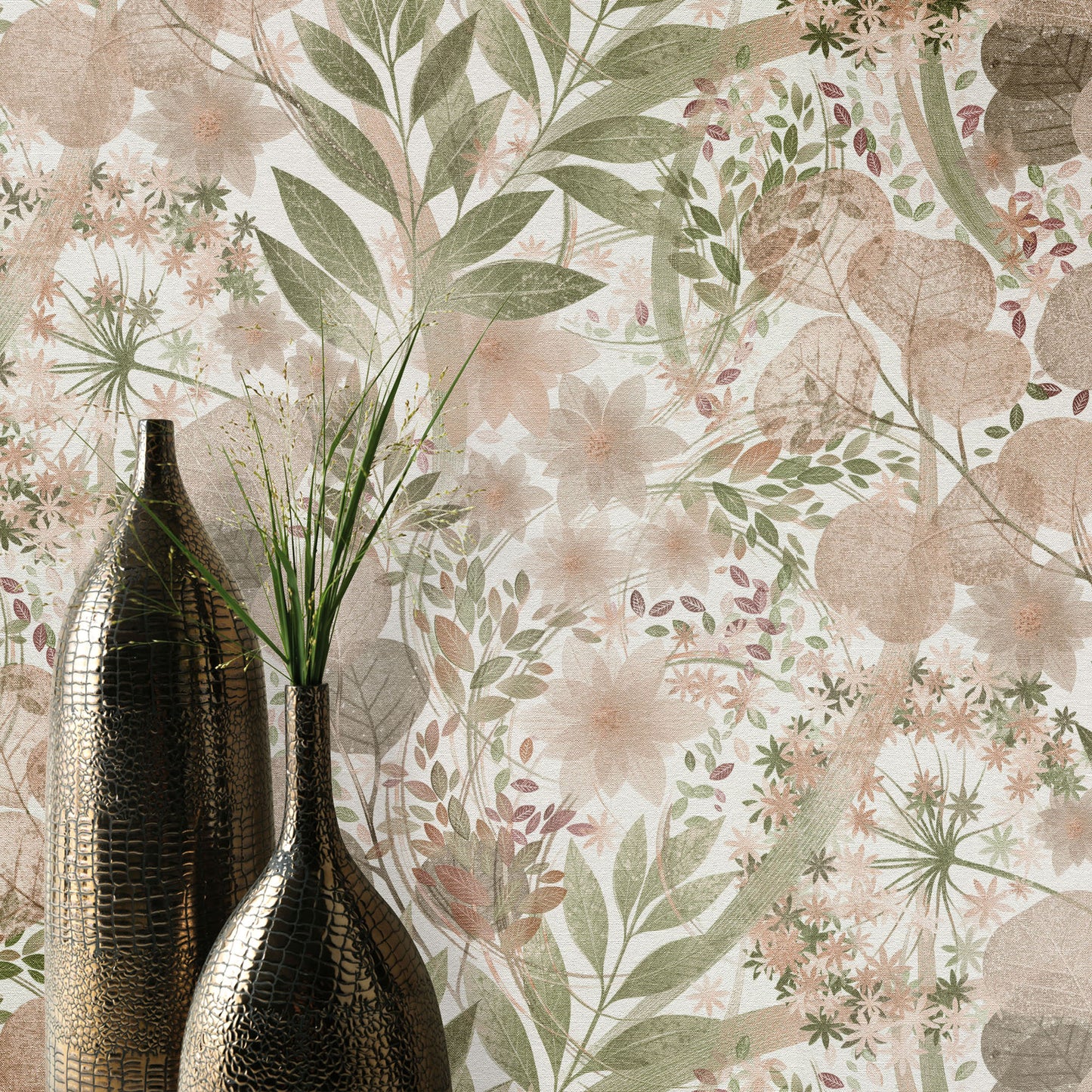 Two dark textured glass vases with tall green stems set against pink botanical wallpaper.