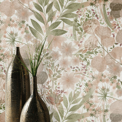 Two dark textured glass vases with tall green stems set against pink botanical wallpaper.