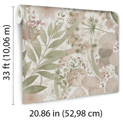 Pink floral wallpaper with a botanical pattern.