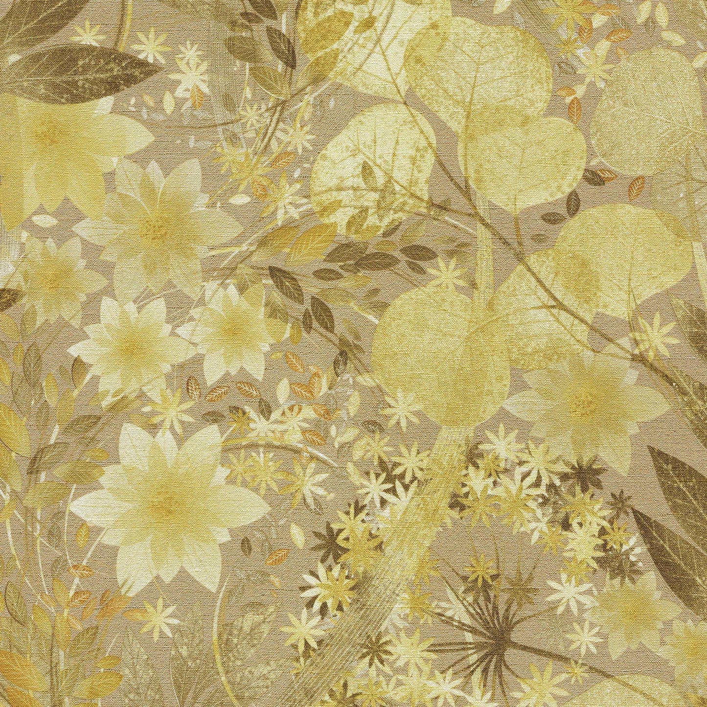 Golden-yellow floral wallpaper with large blossoms and delicate leaves on a beige background.