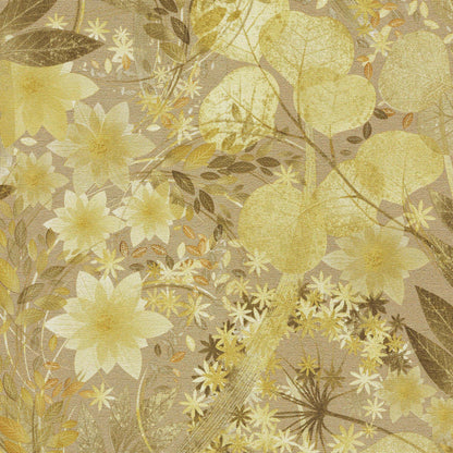 Golden-yellow floral wallpaper with large blossoms and delicate leaves on a beige background.