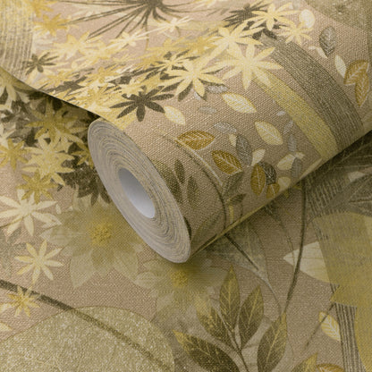 Yellow floral wallpaper roll with metallic accents and white/olive leaves; rolled-up sample for walls.