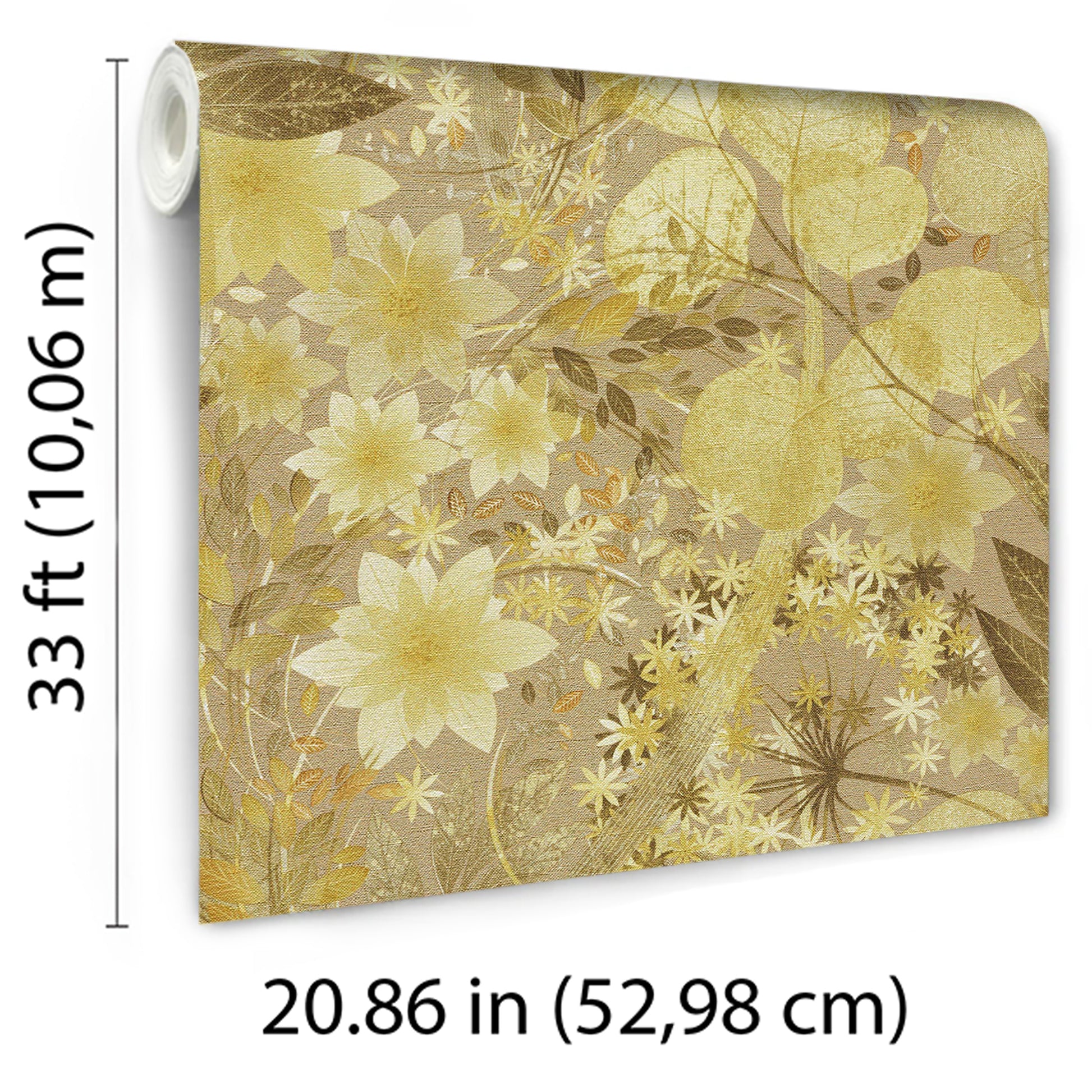 Yellow floral wallpaper panel with a pale background; ornate lilies and leaves; rolled edge on the left; decorative wall decor.