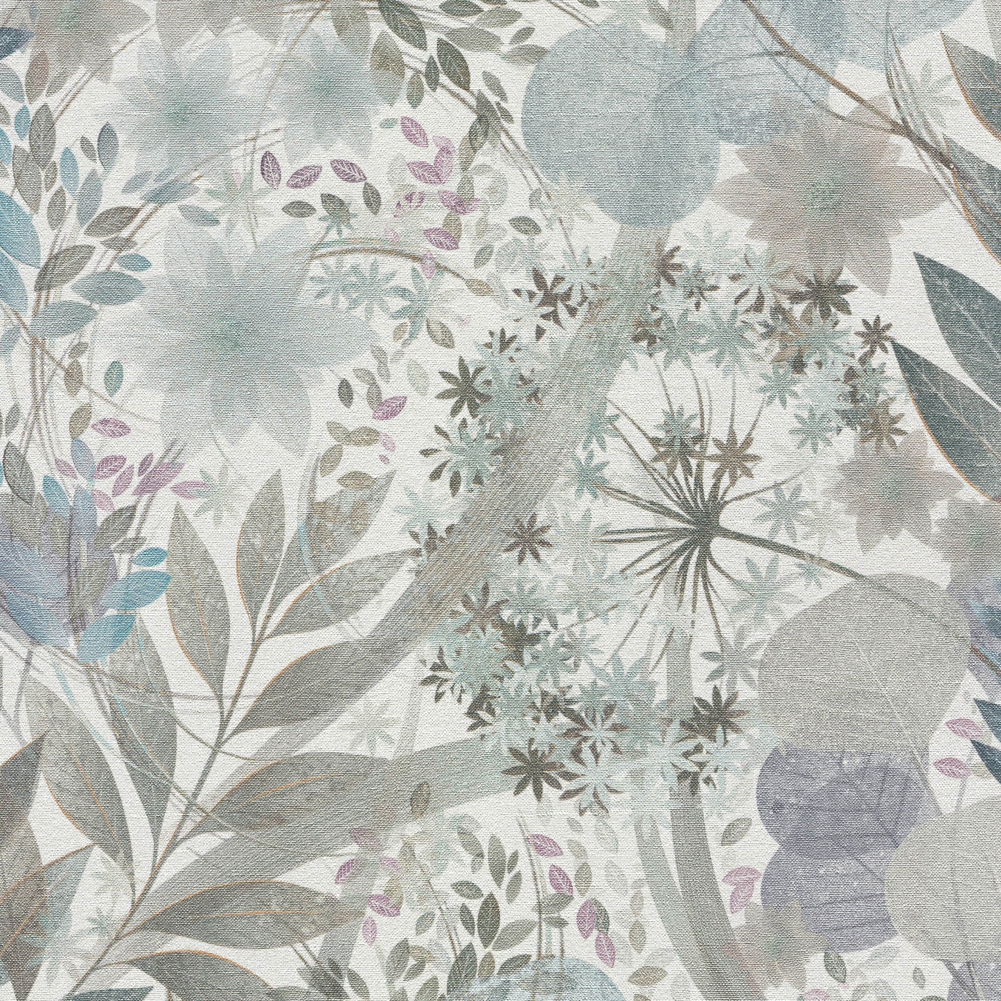 Pastel botanical wallpaper pattern with blue, gray and lavender leaves and blossoms on a textured background.