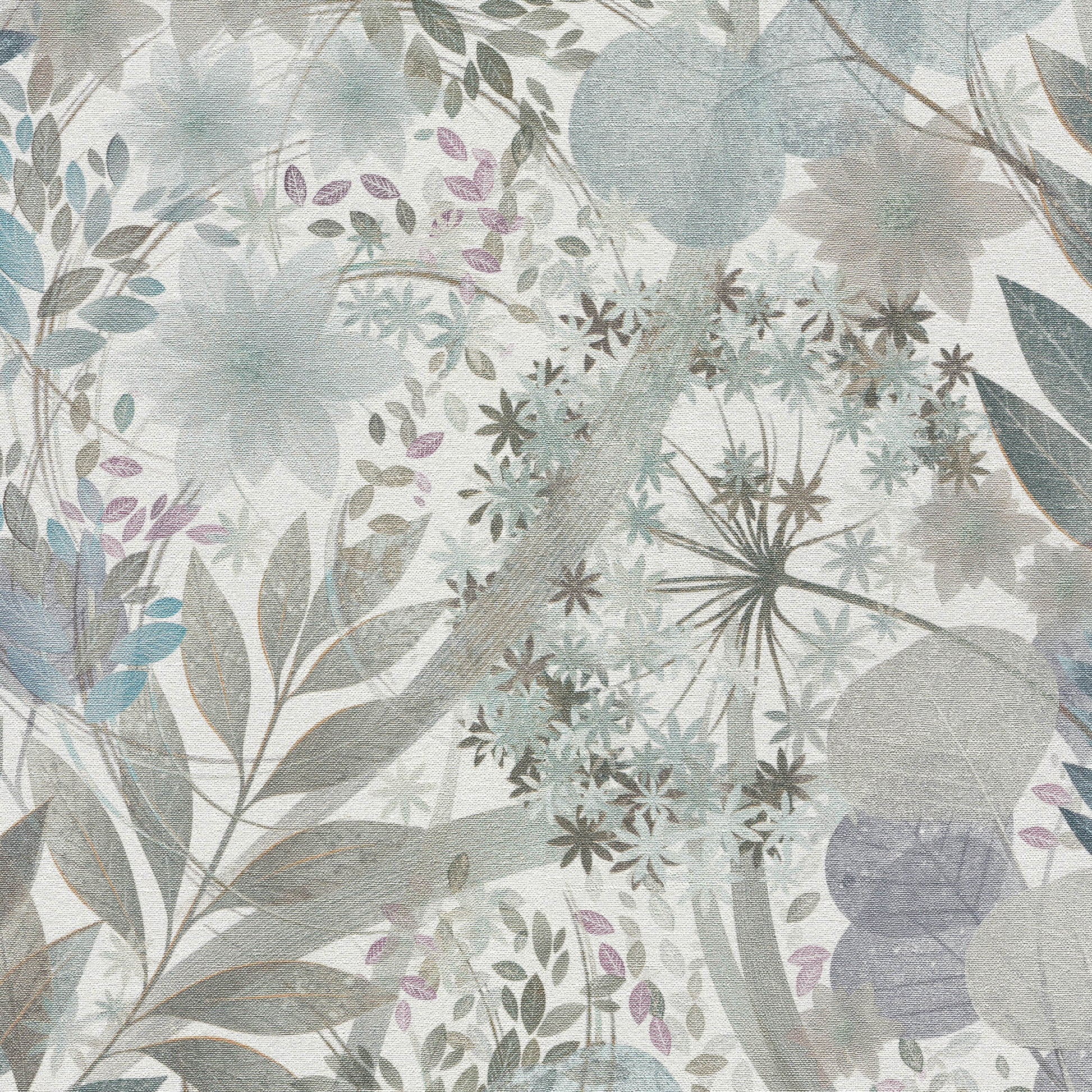 Pastel botanical wallpaper pattern with blue, gray and lavender leaves and blossoms on a textured background.