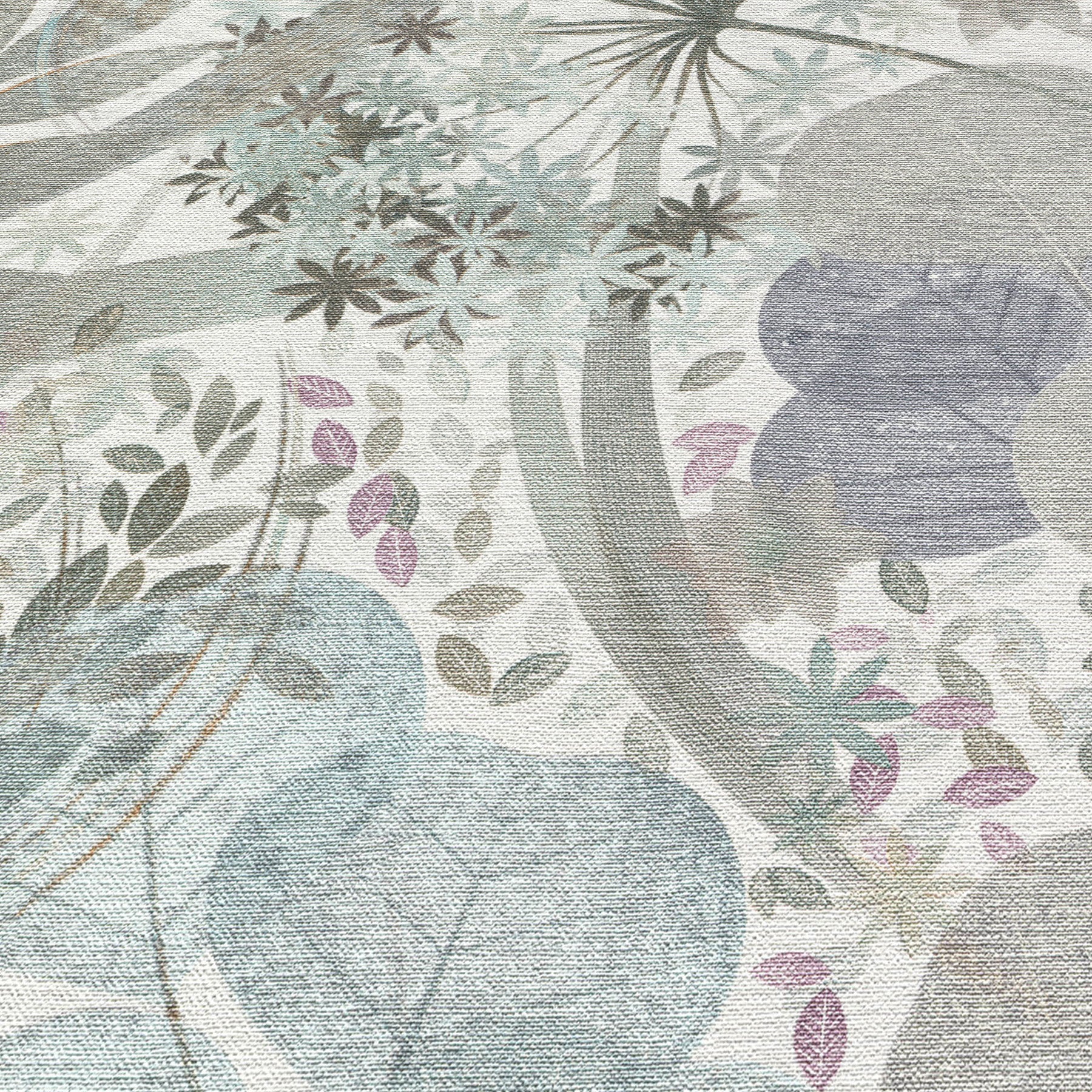 Linen-textured blue wallpaper with a muted botanical print of leafy vines and petals in sage, blue and lilac.