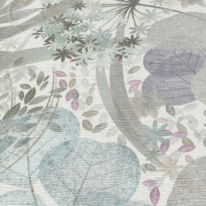 Linen-textured blue wallpaper with a muted botanical print of leafy vines and petals in sage, blue and lilac.