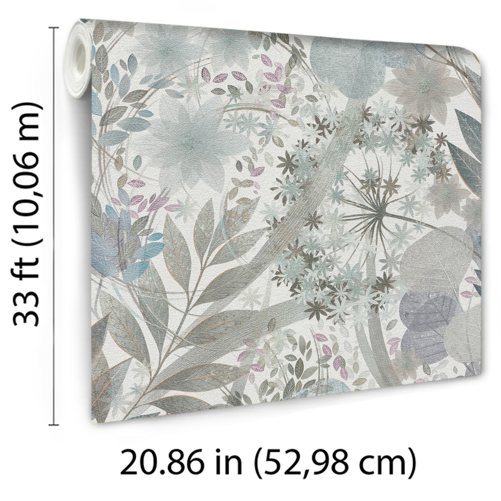 Rolled botanical wallpaper sample with muted blue-gray and beige florals and leafy pattern.