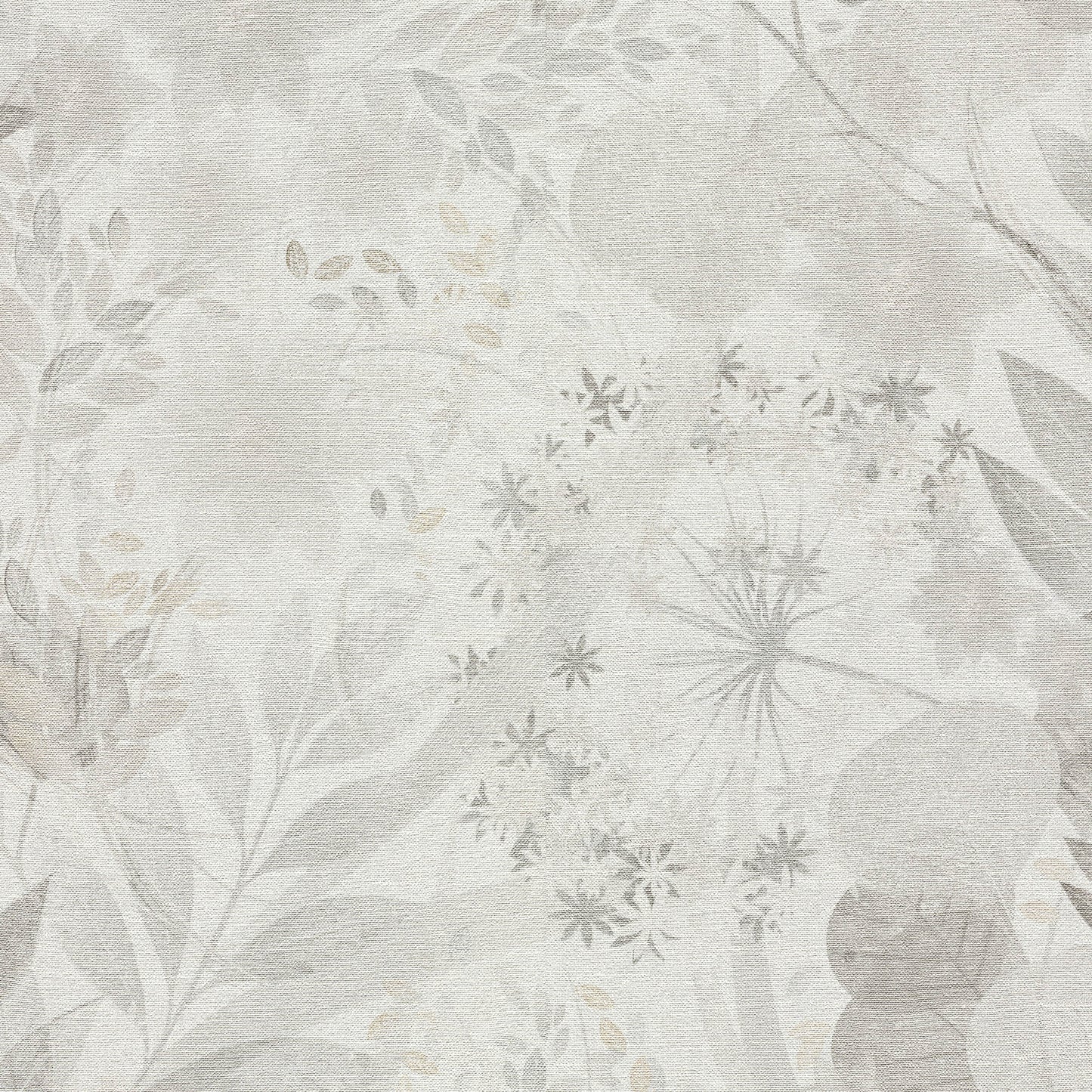 Gray botanical wallpaper pattern with pale leaves, stems and a dandelion-like circular motif, watercolor texture.