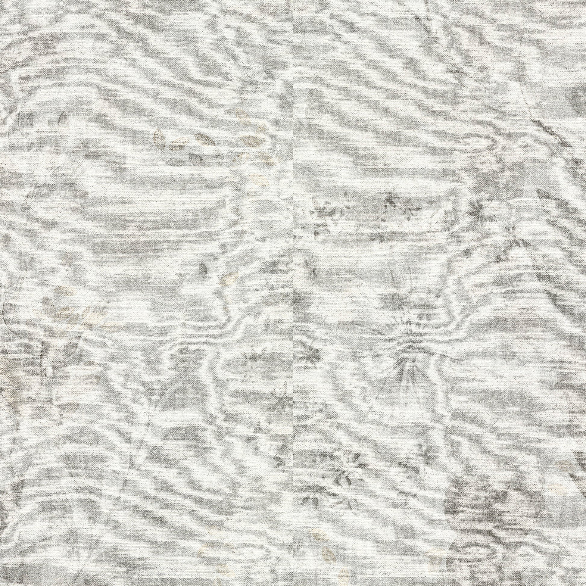 Gray botanical wallpaper pattern with pale leaves, stems and a dandelion-like circular motif, watercolor texture.