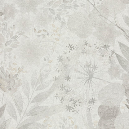 Gray botanical wallpaper pattern with pale leaves, stems and a dandelion-like circular motif, watercolor texture.