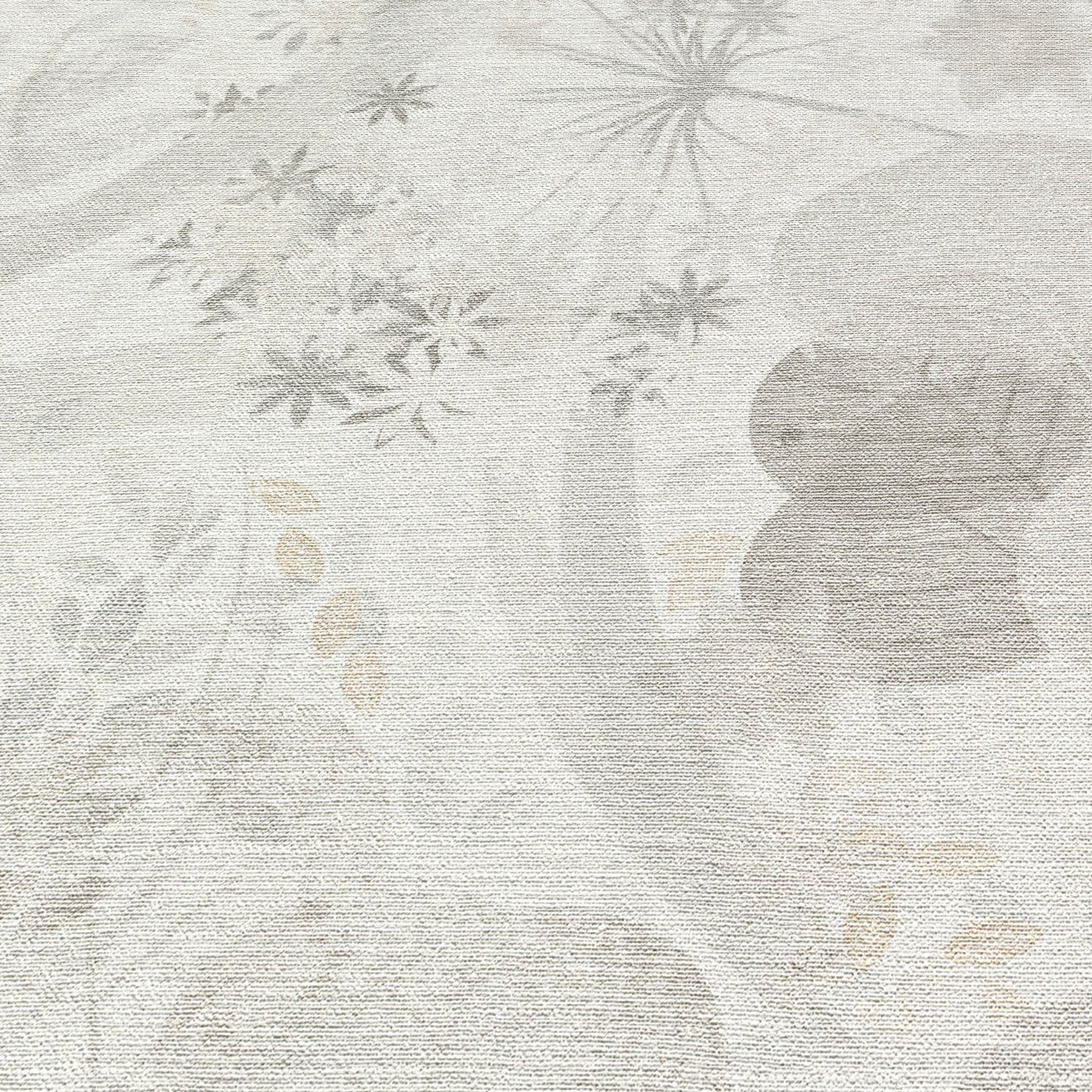 Gray wallpaper with a subtle beige/gray botanical floral pattern on a neutral background.