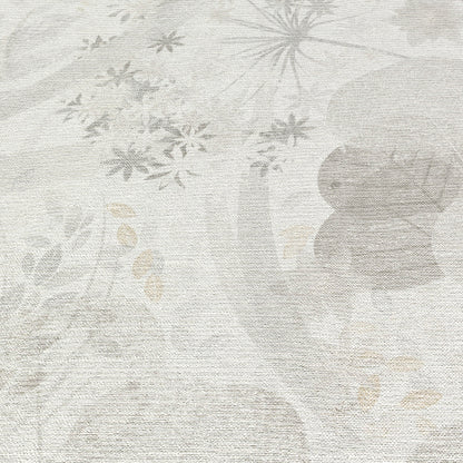 Gray wallpaper with a subtle beige/gray botanical floral pattern on a neutral background.