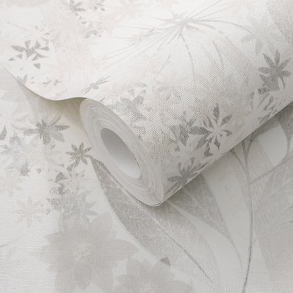 Roll of pale gray wallpaper with tropical leaf pattern, subtle textured vinyl look.