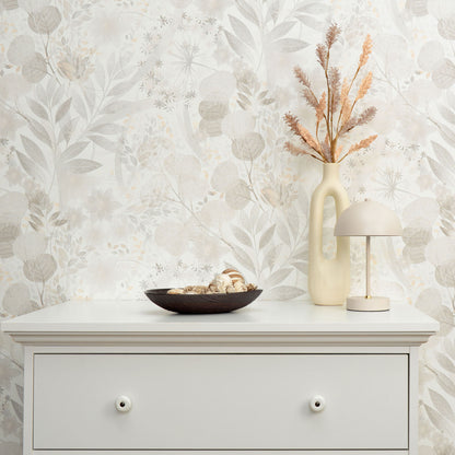 Pale gray wallpaper with a subtle floral botanical pattern in transitional gray tones.