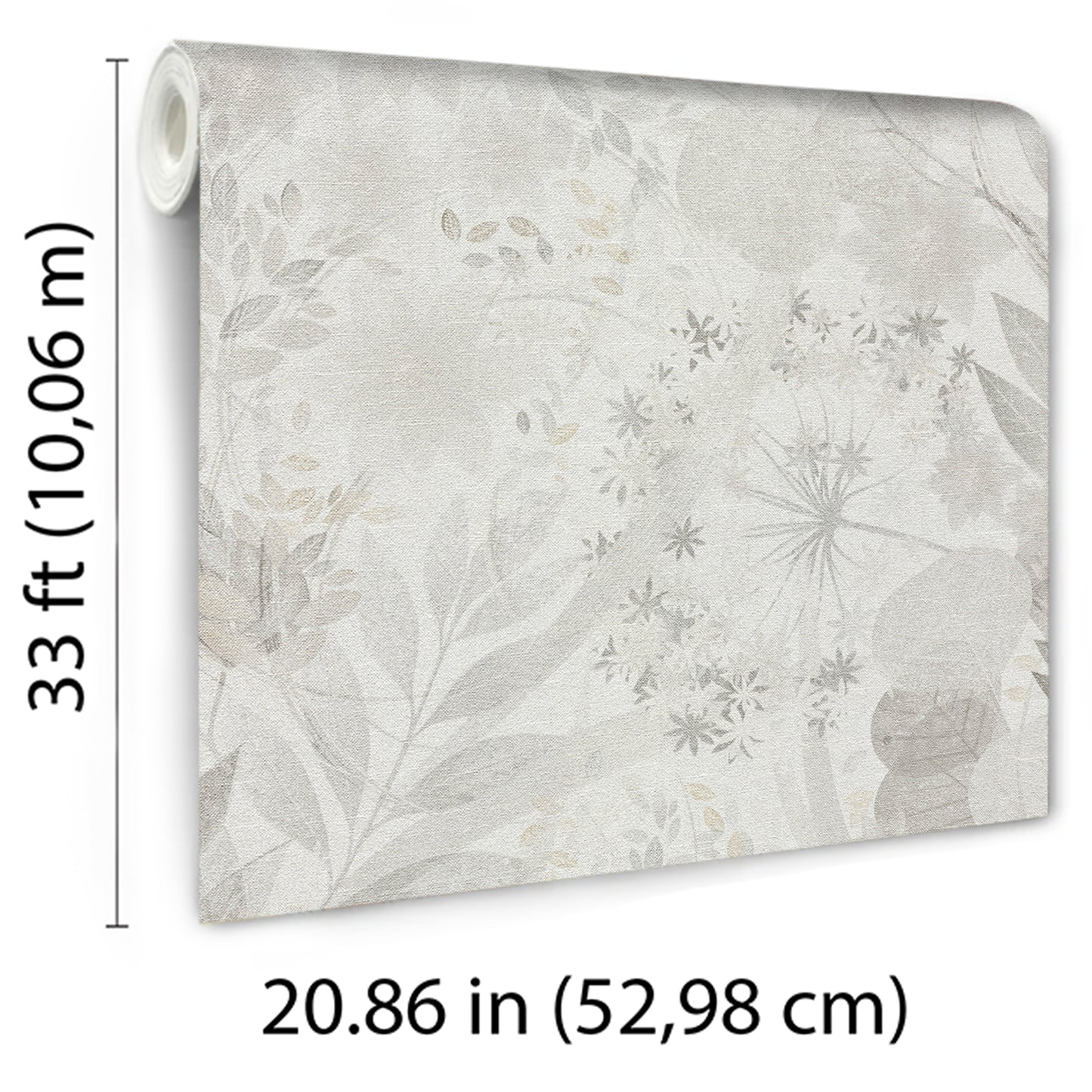 Roll of light gray wallpaper with subtle beige floral pattern; soft, modern wallcovering.