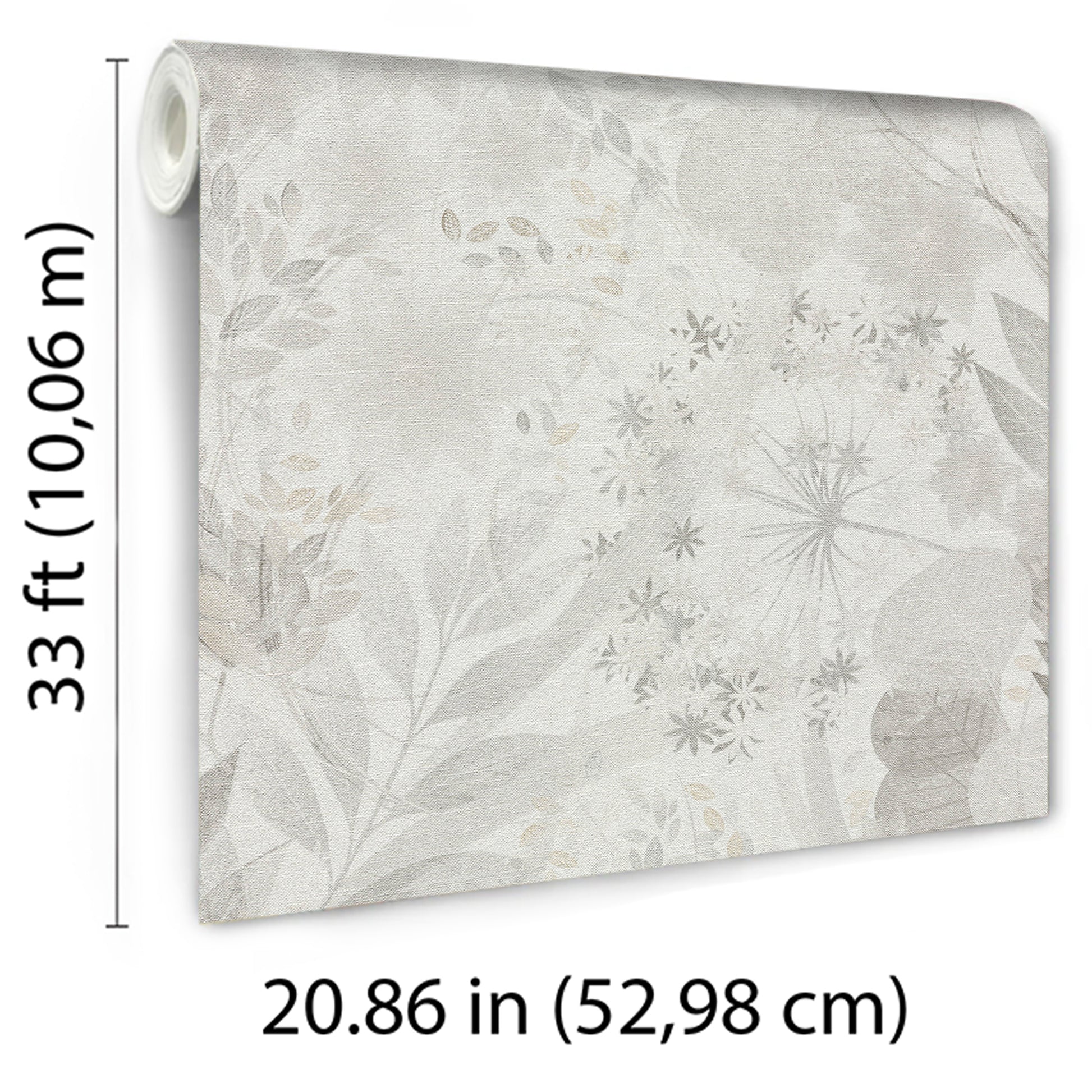 Roll of light gray wallpaper with subtle beige floral pattern; soft, modern wallcovering.