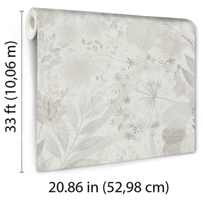 Roll of light gray wallpaper with subtle beige floral pattern; soft, modern wallcovering.