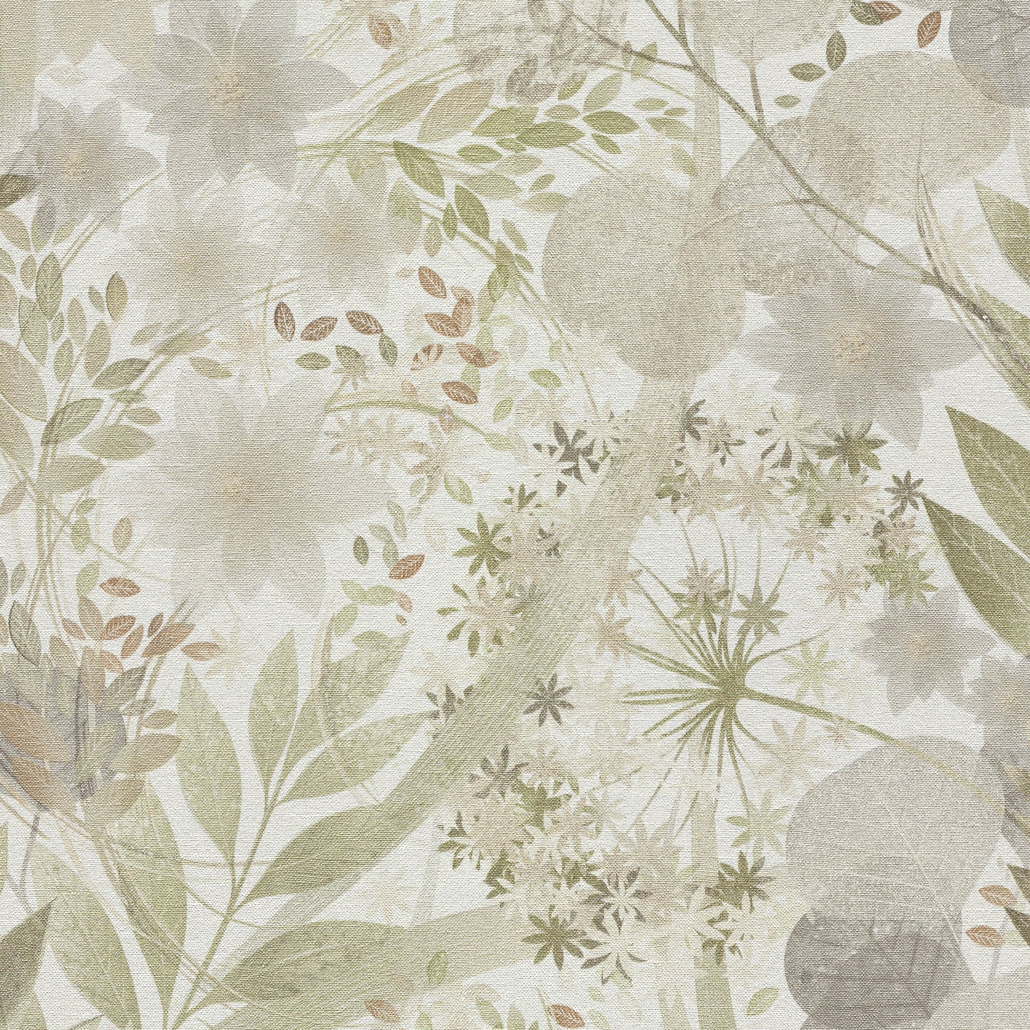 Muted botanical wallpaper in beige with sage green and taupe leaves and blossoms; vintage floral pattern.