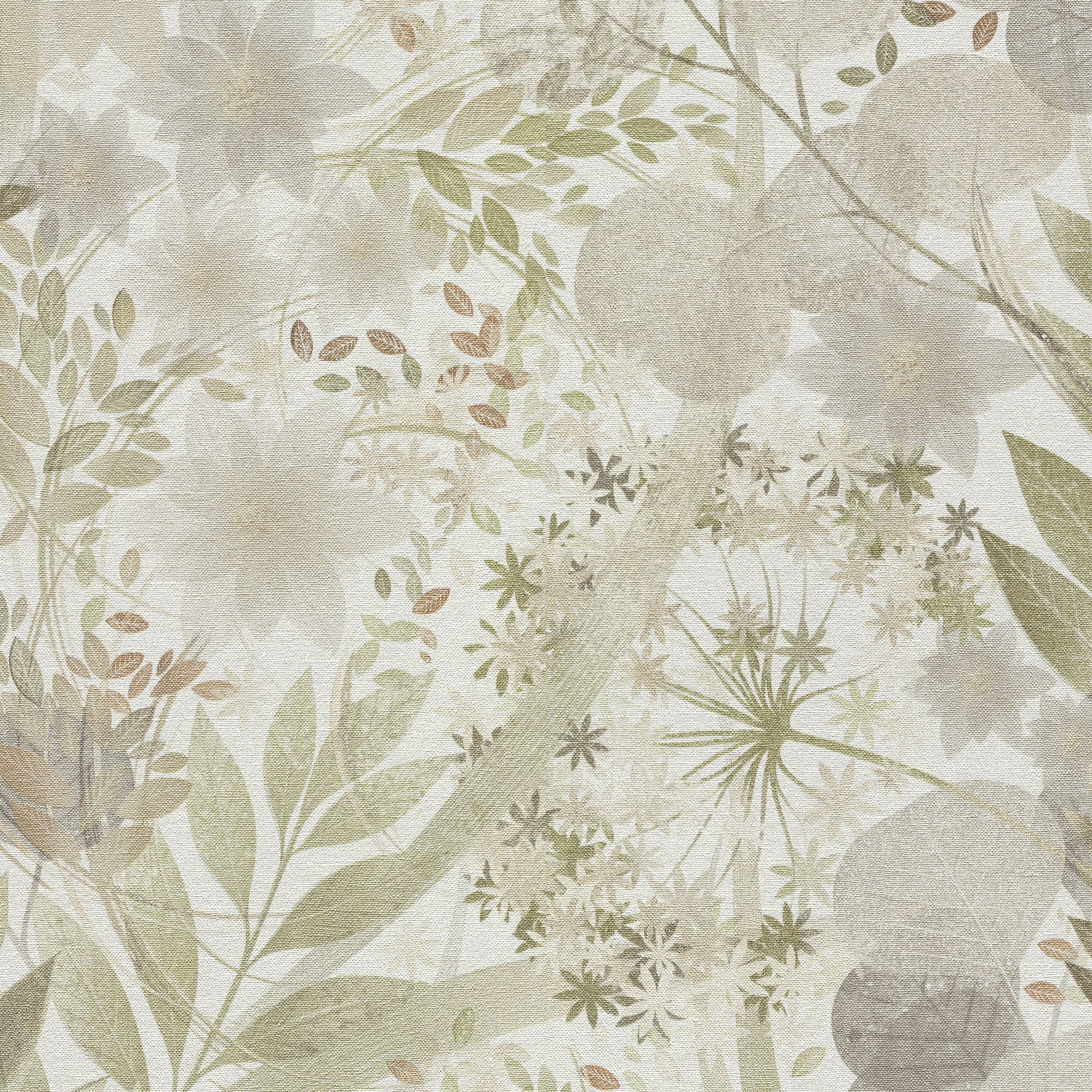 Muted botanical wallpaper in beige with sage green and taupe leaves and blossoms; vintage floral pattern.