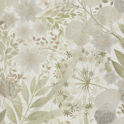 Muted botanical wallpaper in beige with sage green and taupe leaves and blossoms; vintage floral pattern.