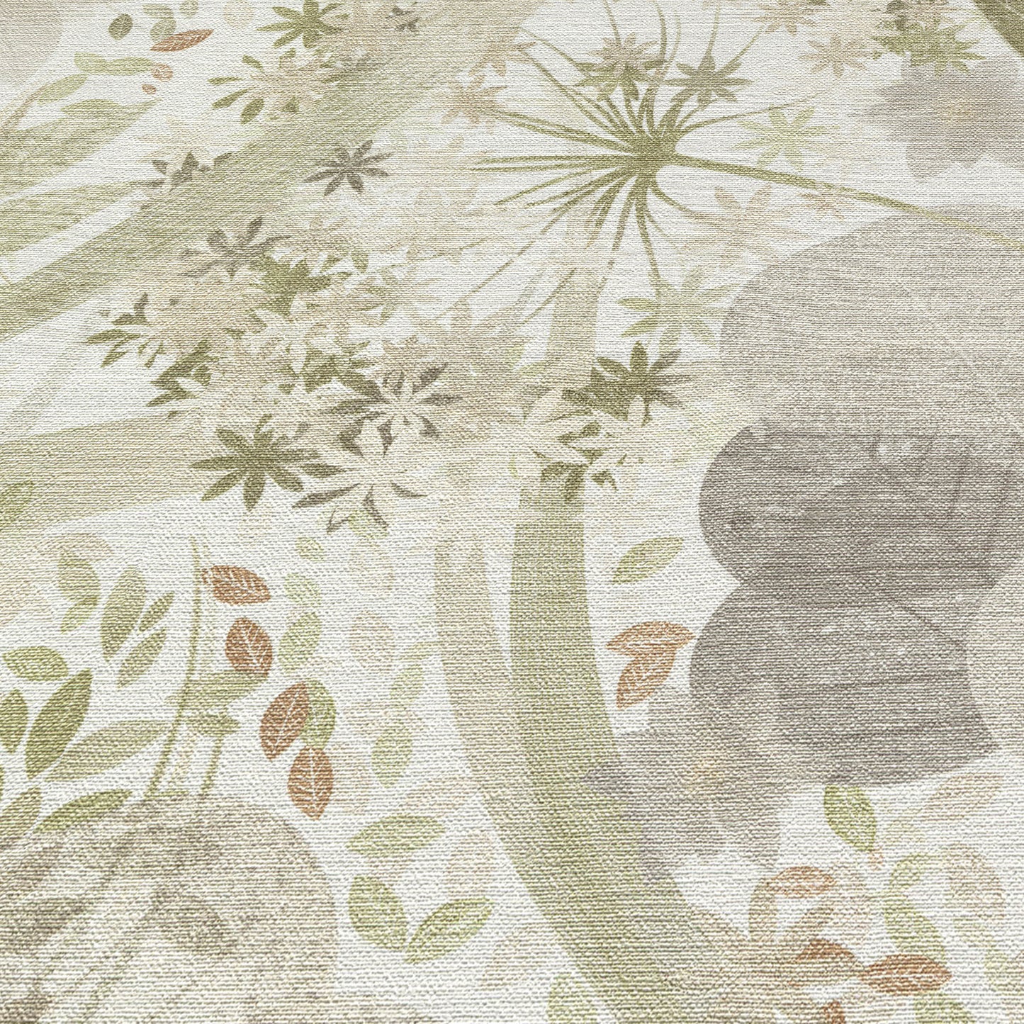 Beige linen-textured wallpaper with a sage green botanical print; leafy, abstract plant motifs.