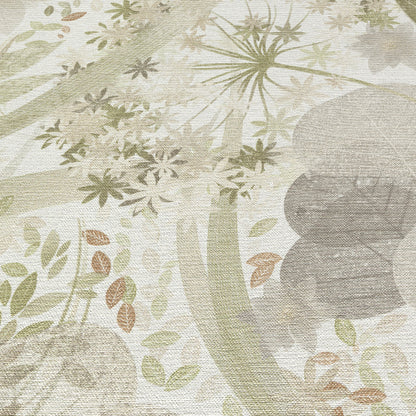 Beige linen-textured wallpaper with a sage green botanical print; leafy, abstract plant motifs.