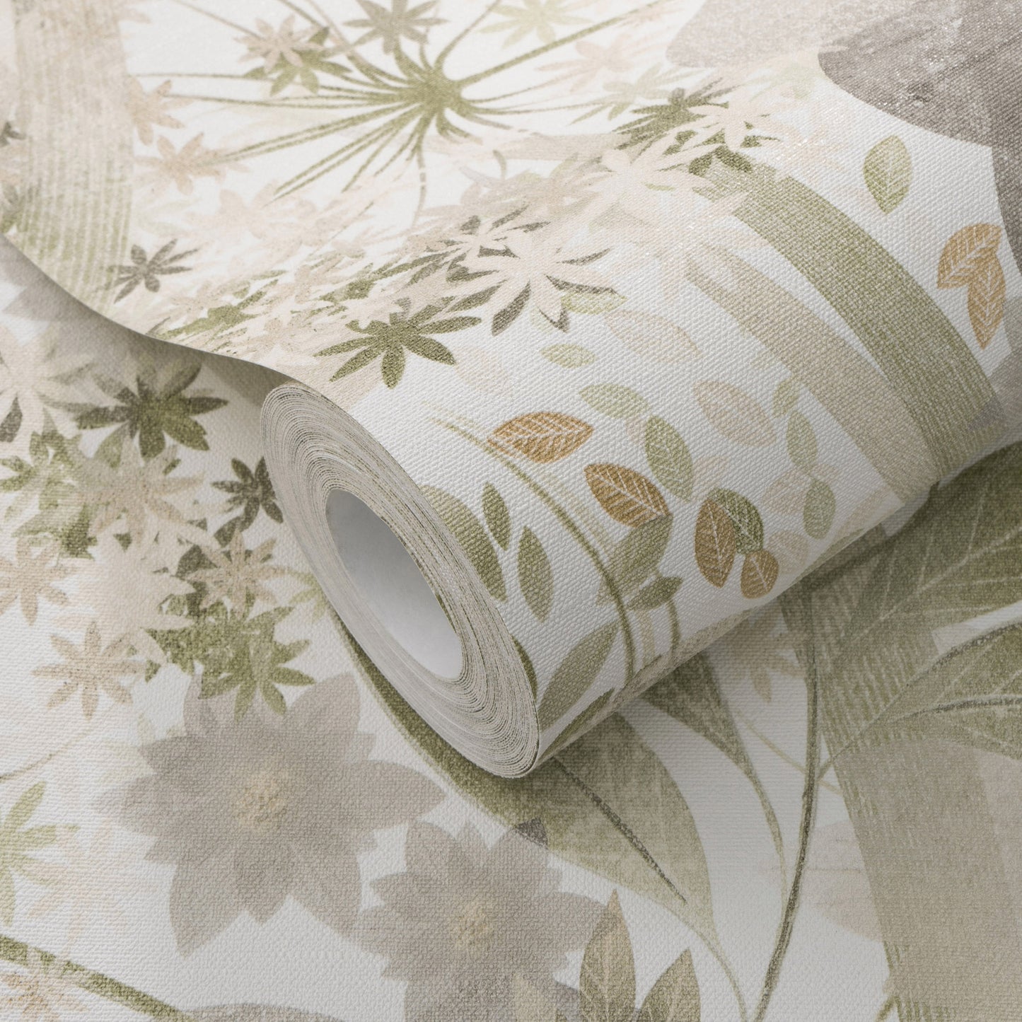 Roll of botanical wallpaper in soft beige and sage green with leafy floral pattern; natural, calming decor.