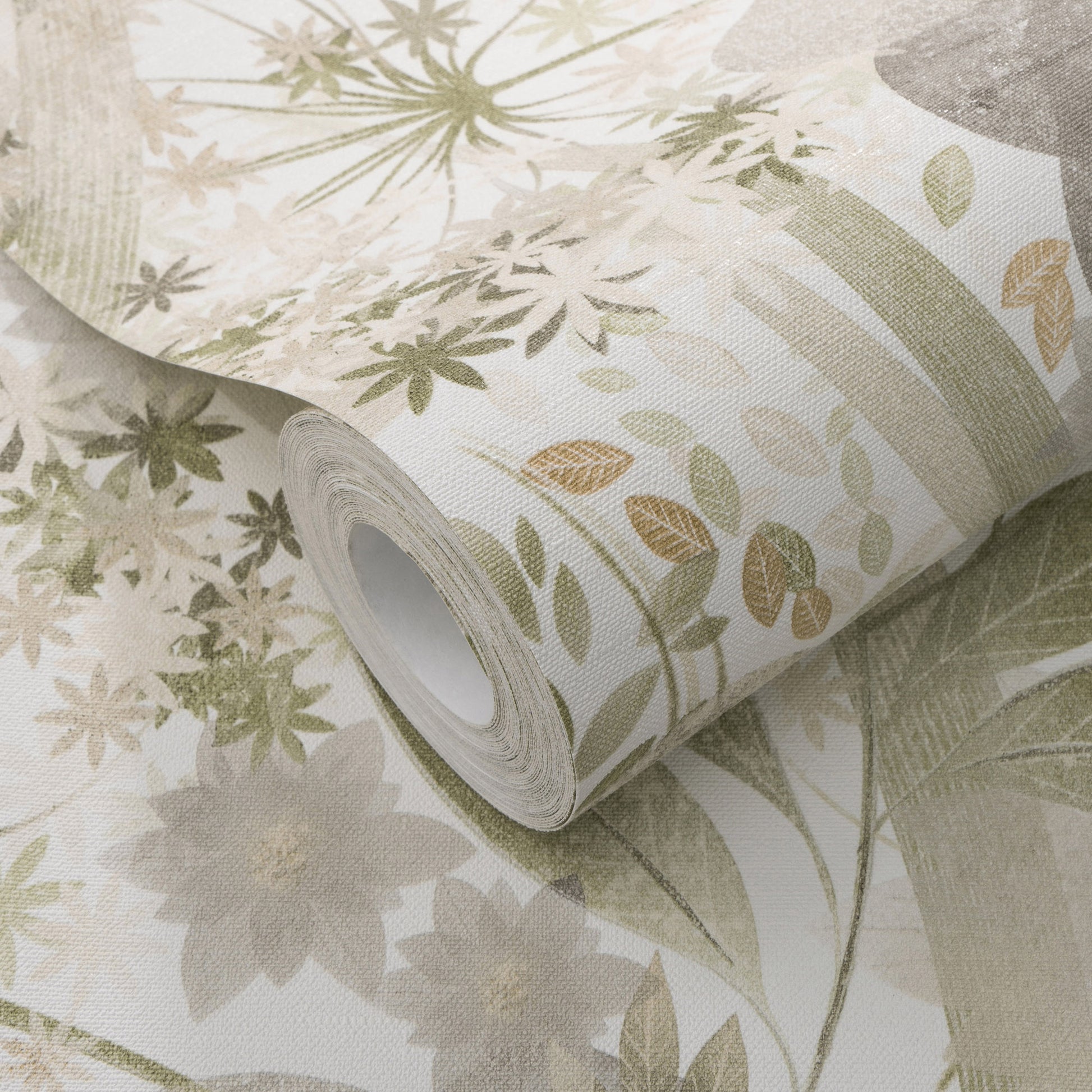 Roll of botanical wallpaper in soft beige and sage green with leafy floral pattern; natural, calming decor.