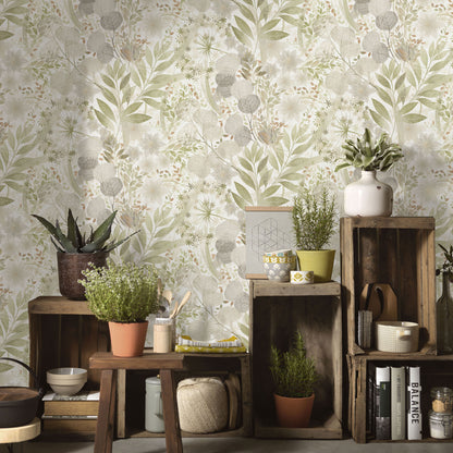 Rustic wooden crate display with potted plants (succulents, herbs) against leafy botanical wallpaper in sage and beige.