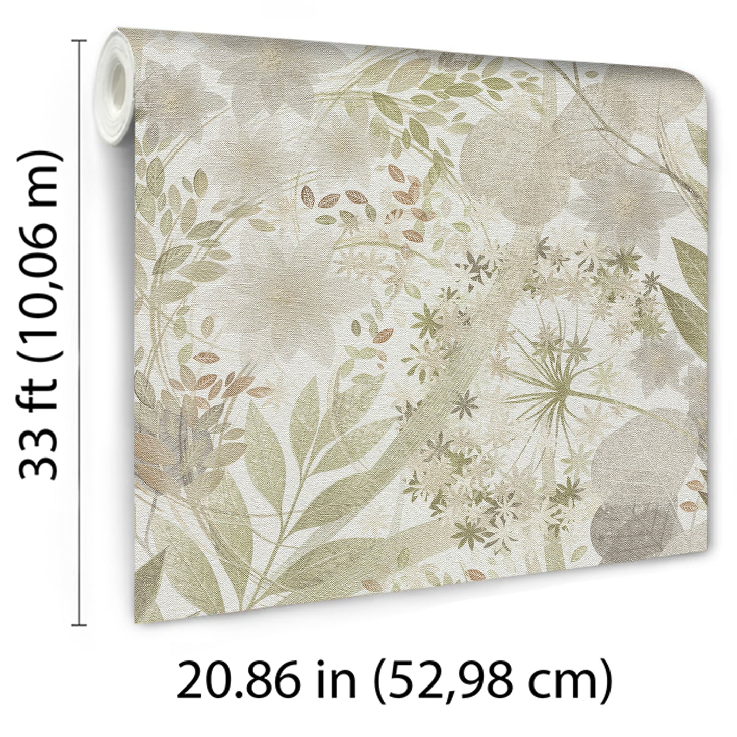Rolled botanical wallpaper panel with beige and sage green leaves and cream flowers on a light background.