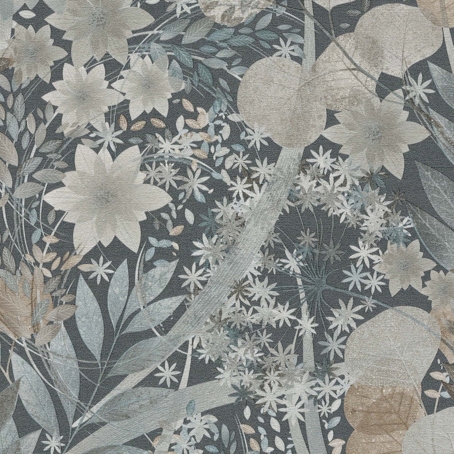 Muted navy wallpaper with ivory floral vines and large blossoms.