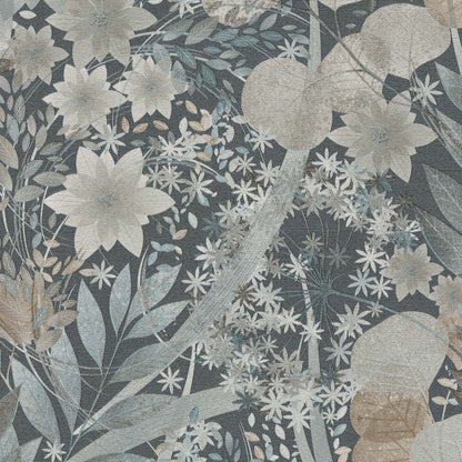 Muted navy wallpaper with ivory floral vines and large blossoms.