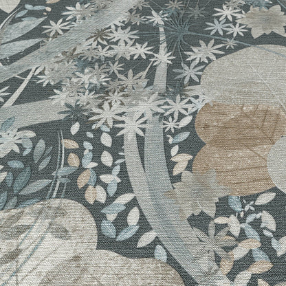 Textured blue-gray wallpaper with white florals and tree branches, beige circles; vintage botanical print for walls.