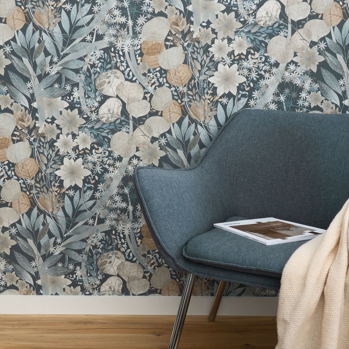 Navy floral wallpaper with a botanical pattern.